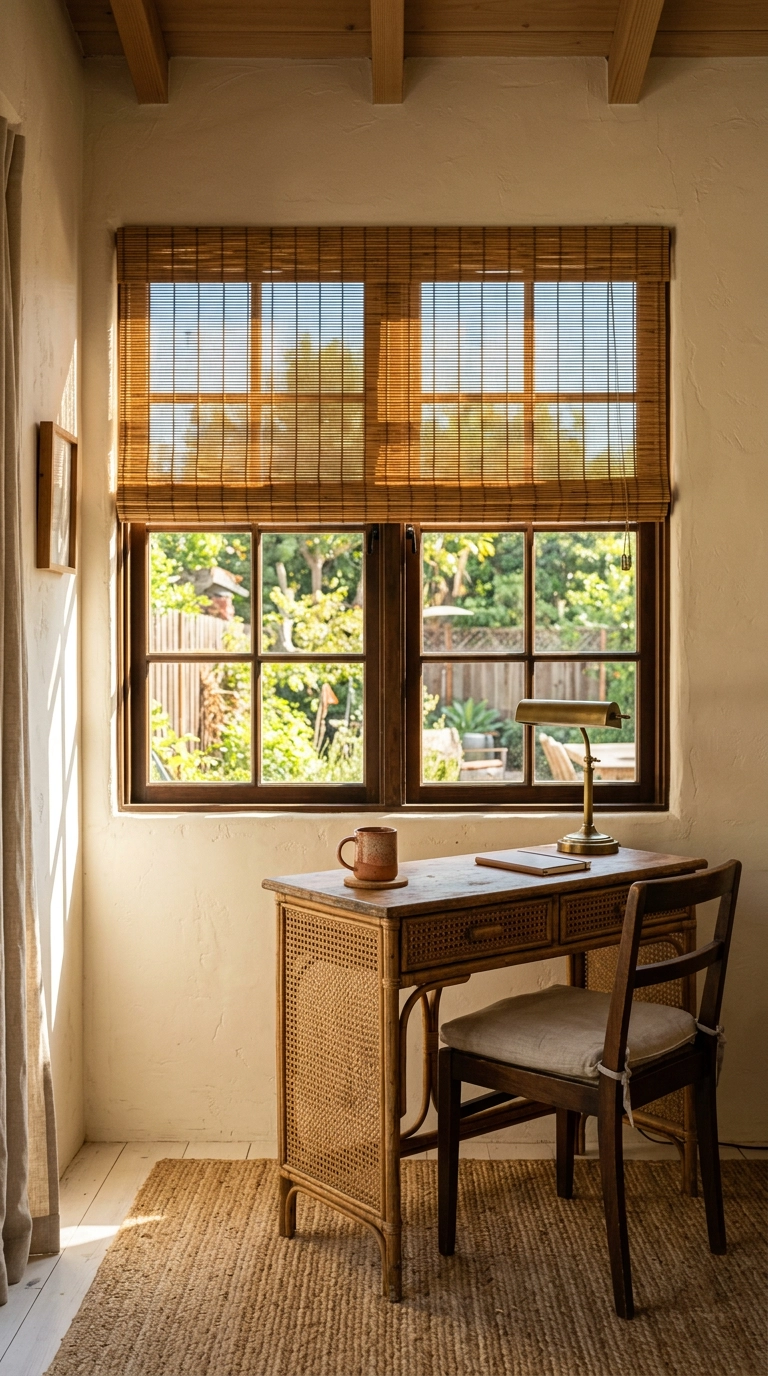 Woven bamboo Roman shade half lowered over a garden office casement window