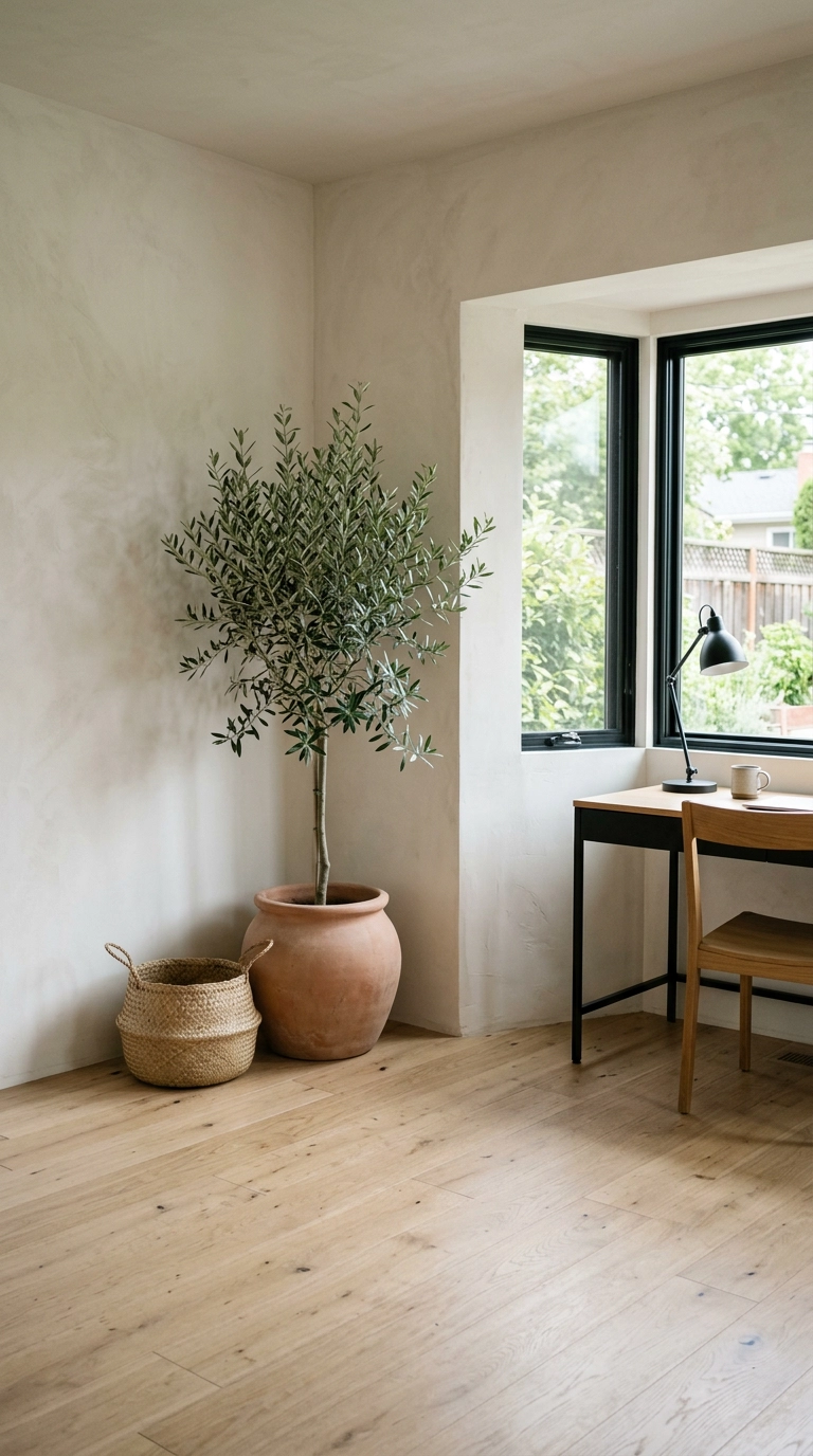 Large olive tree in a terracotta pot in the corner of a garden office