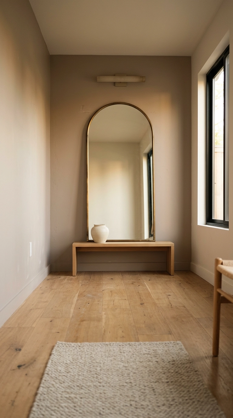 Tall arched brass mirror leaning against the far wall of a narrow garden office