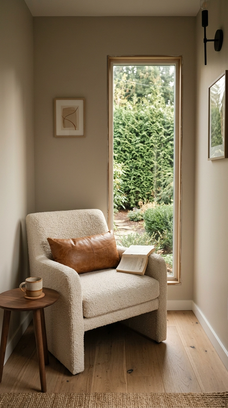 Cream boucle armchair angled in the corner of a garden office beside a tall window