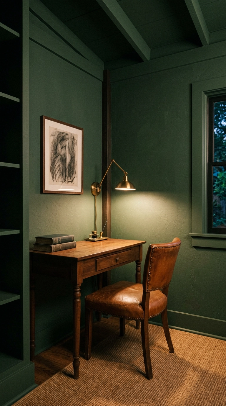 Garden office painted floor to ceiling in deep matte forest green with a brass lamp