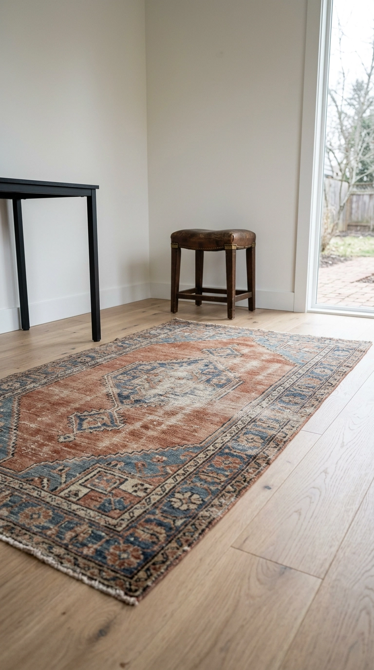 Faded vintage Persian rug in rust and blue over pale oak floors in a garden office