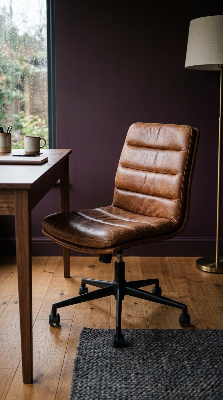 Aged cognac leather desk chair on a black base in front of a walnut garden office desk