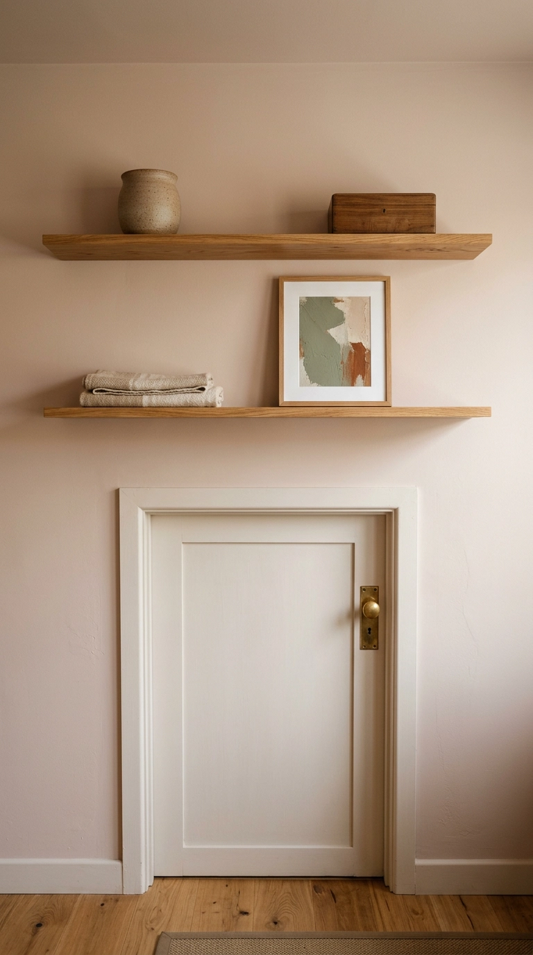Two floating oak shelves mounted high above the door in a garden office