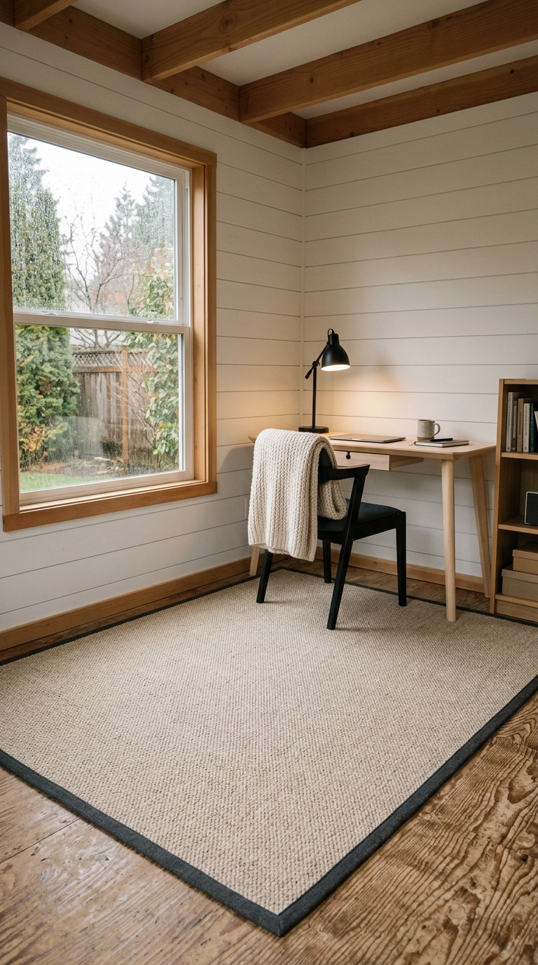 Garden office with a large oatmeal wool rug covering the plywood floor
