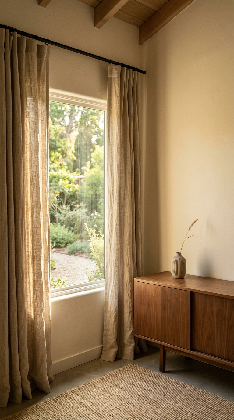 Garden office window dressed in floor-length oatmeal linen curtains on a high-mounted black rod