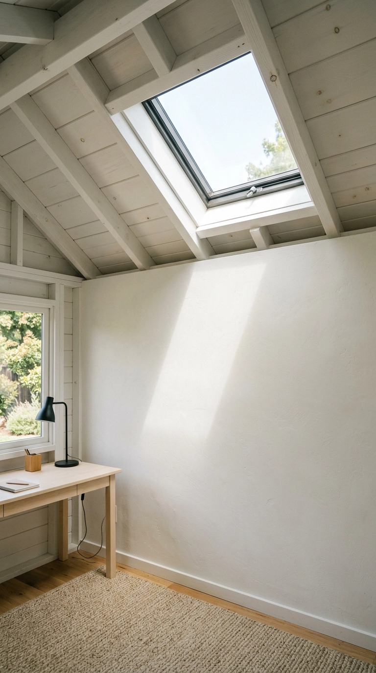 Skylight in the sloped ceiling of a garden office casting daylight onto a bare wall
