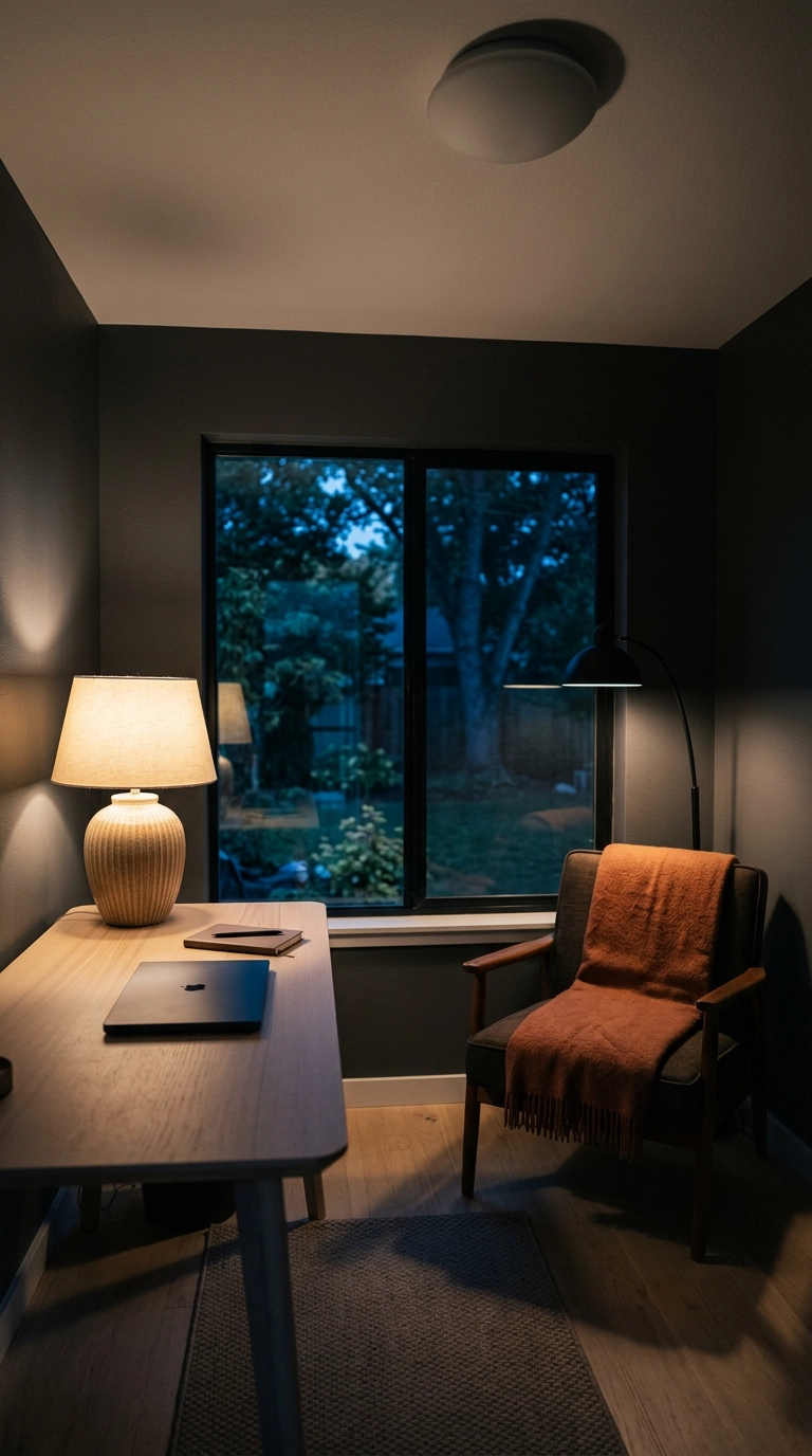 Garden office lit at dusk by a ceramic desk lamp and an arcing black floor lamp
