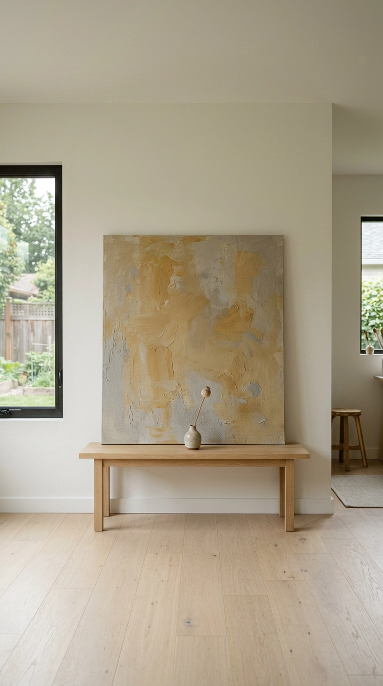 Oversized muted ochre abstract canvas leaning on the floor of a garden office