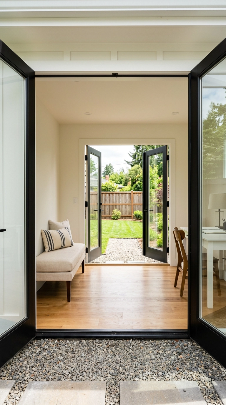 Open black-framed French doors leading into a garden office with bare oak threshold