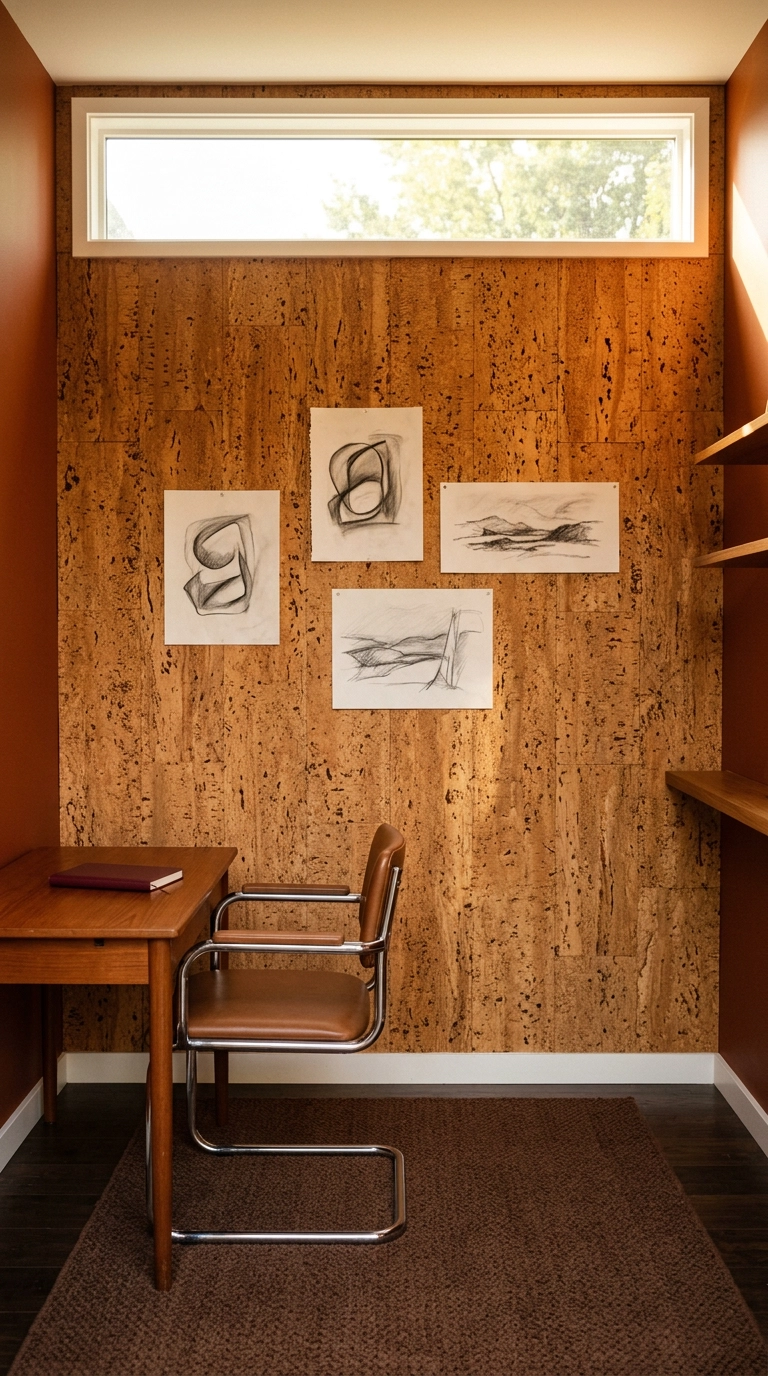 Warm cork-clad wall in a garden office with loosely pinned paper sketches