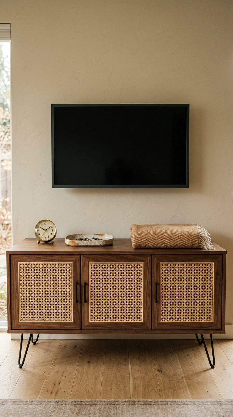Walnut cabinet with cane webbing doors hiding cables beneath a wall-mounted monitor