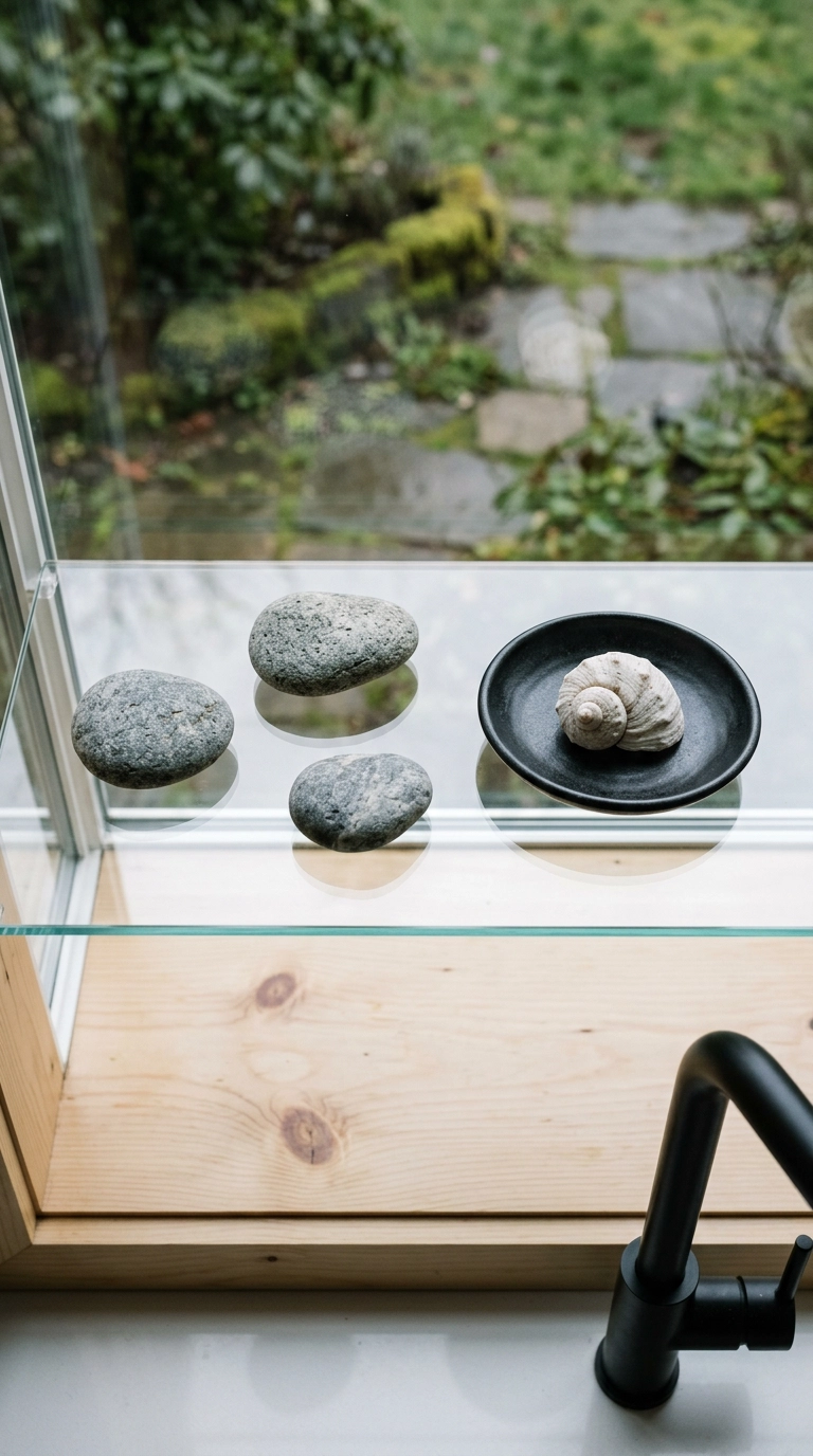 River stones and a shell arranged on the transparent glass shelf of a garden window seen from above
