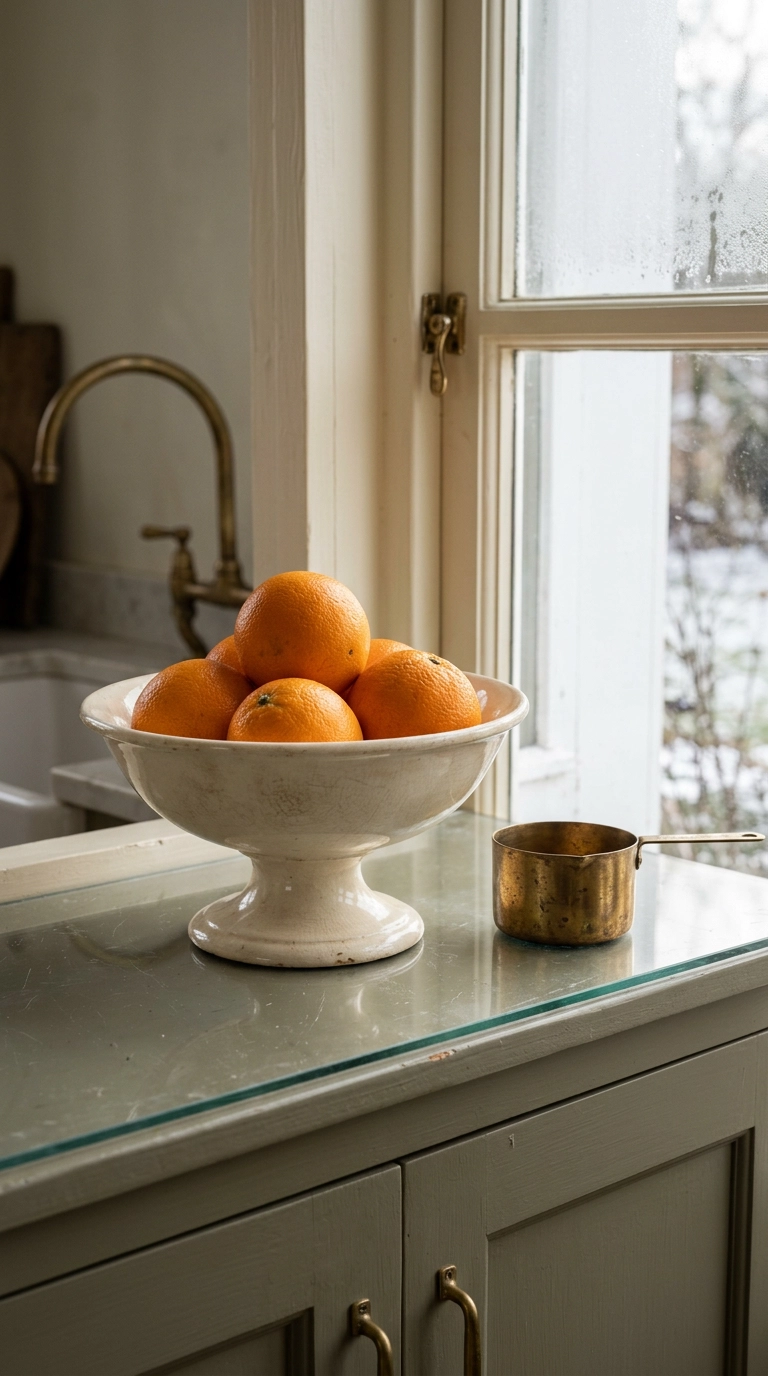 Cream ironstone bowl of oranges on the glass shelf of a garden window in winter light