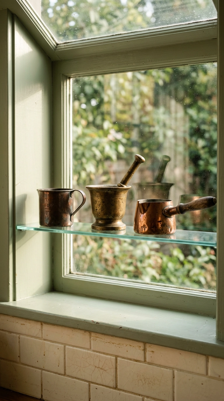 Three vintage copper and brass kitchen tools displayed on the upper glass shelf of a garden window