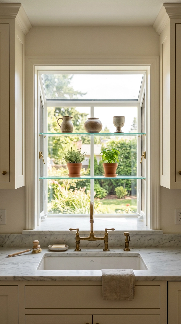 Garden window above a kitchen sink styled with three stoneware vessels on the upper glass shelf and two potted herbs below
