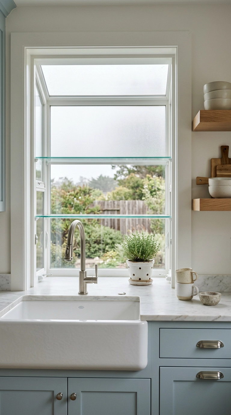 Garden window with frosted privacy film on the upper pane only and clear glass below