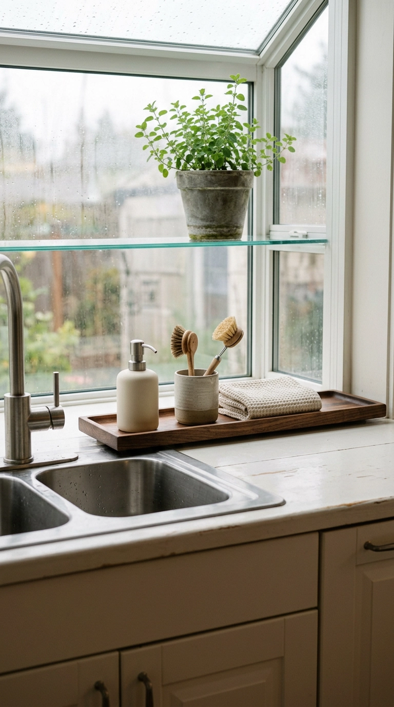 Narrow walnut tray on a garden window sill holding a soap pump, brush cup and folded cloth