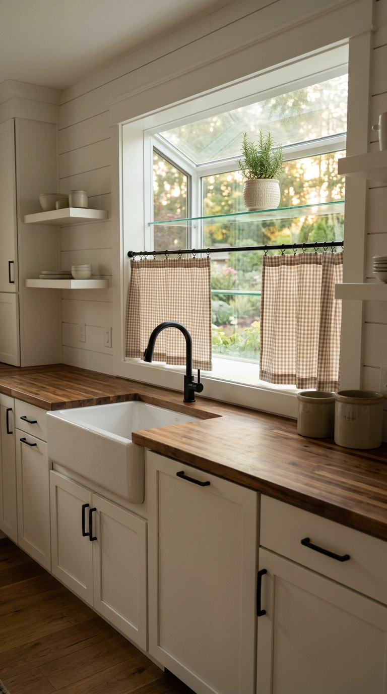 Garden window over a kitchen sink with a checked cafe curtain on a tension rod covering the lower glass