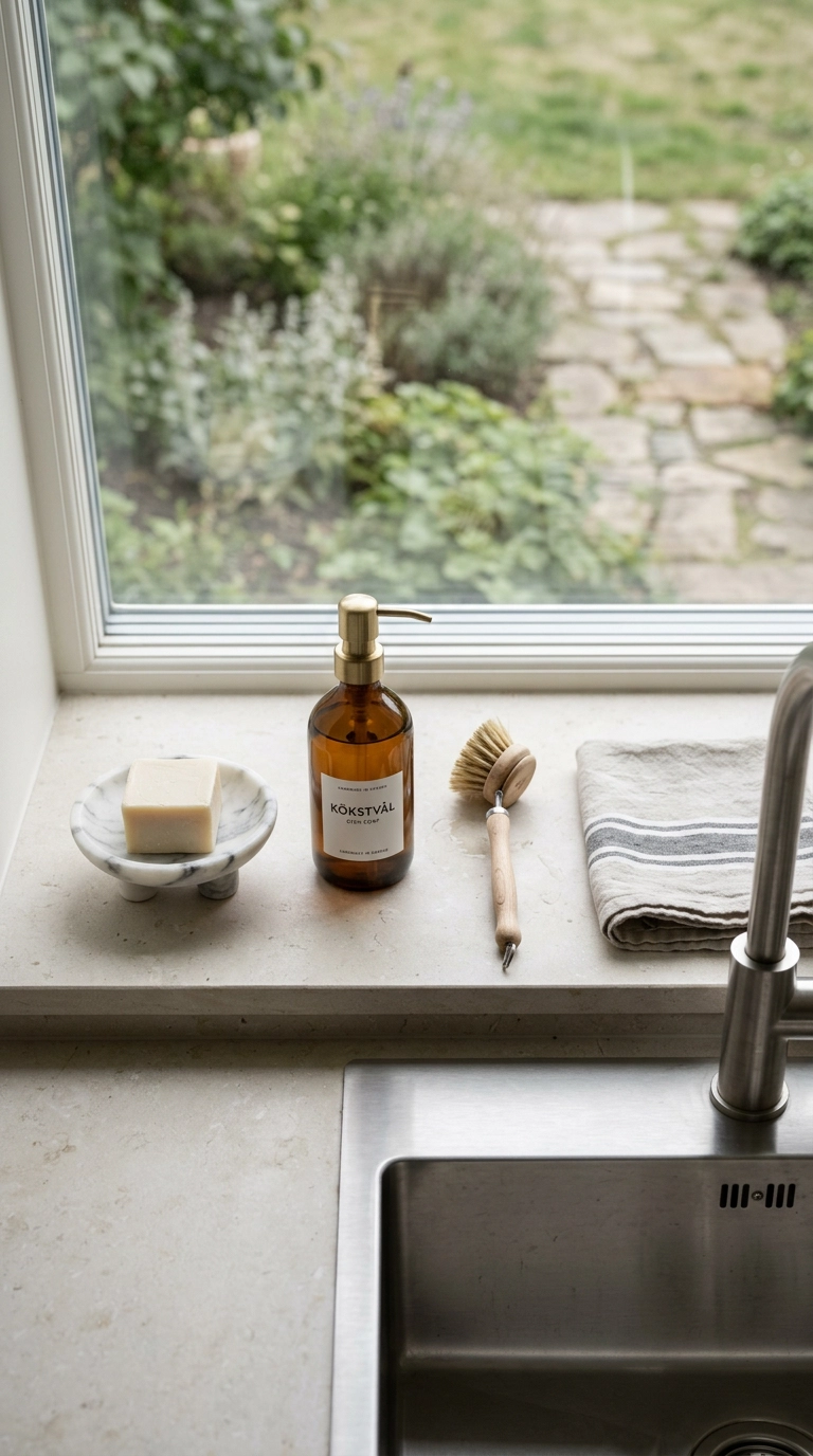 Overhead view of a garden window sill with a marble soap dish, amber soap bottle, wooden brush and linen towel