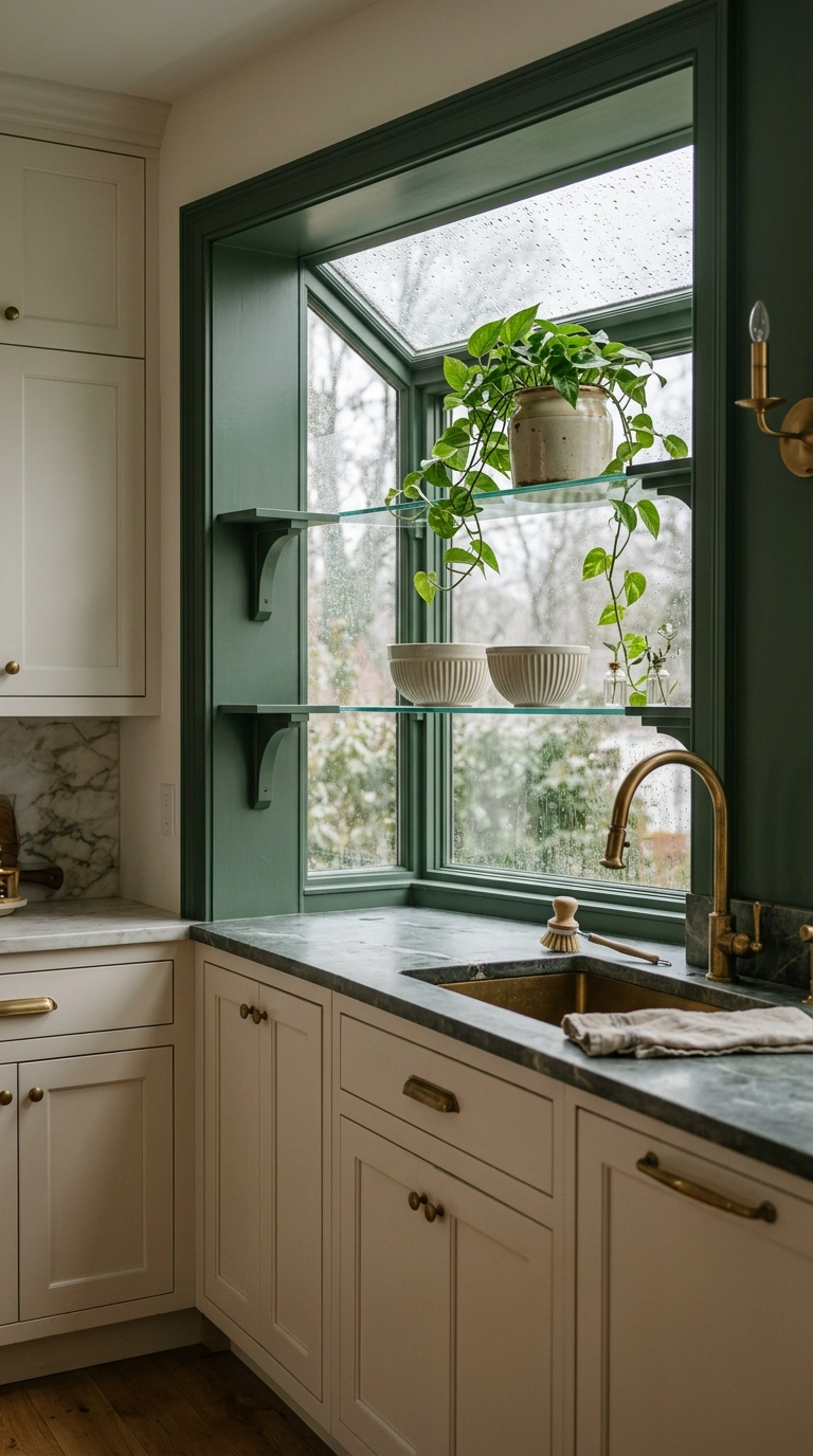 Garden window with its interior frame painted deep forest green above a kitchen sink on a rainy day
