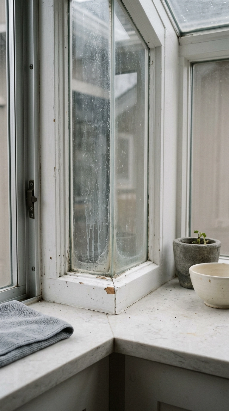 Corner of a garden window showing hard water marks on the glass with the shelf mostly cleared for cleaning