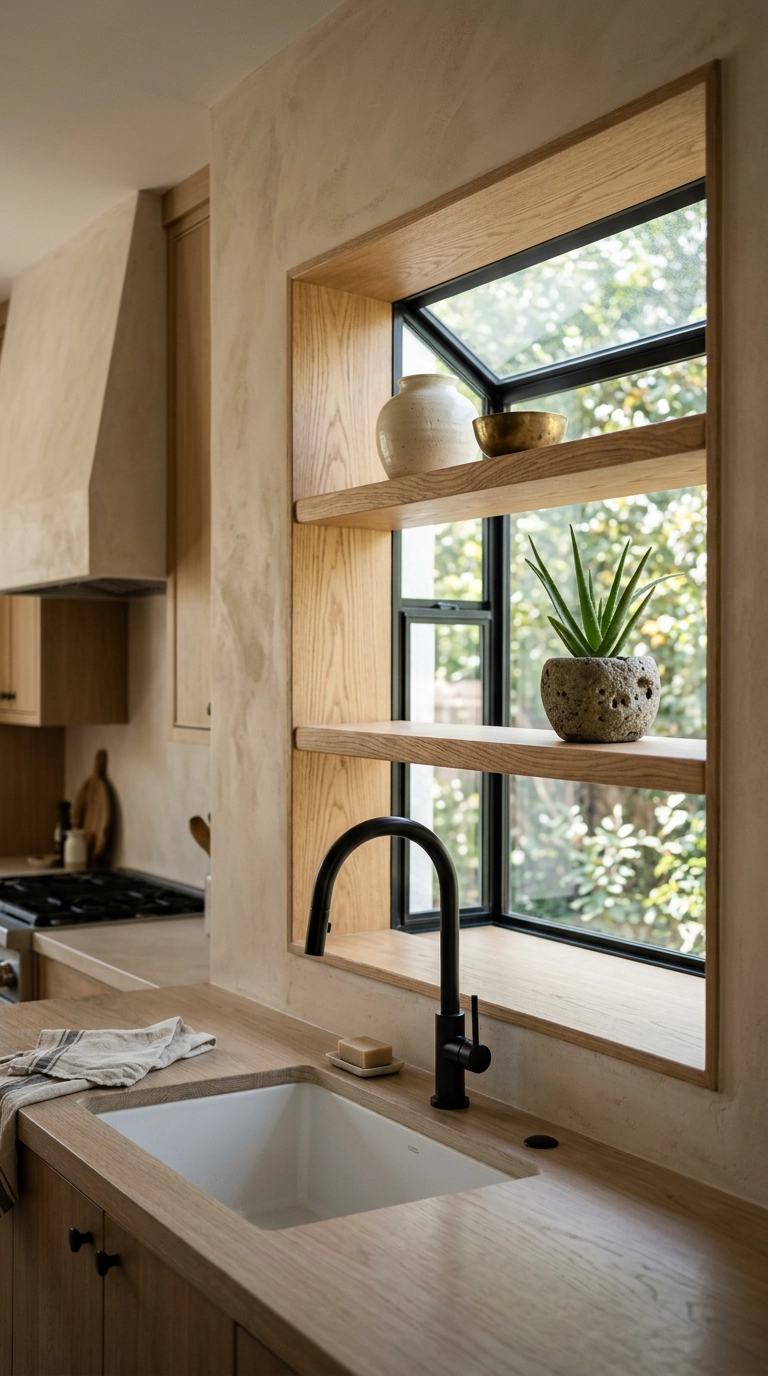 Garden window fitted with solid white oak shelves instead of glass, holding a ceramic vase and small aloe