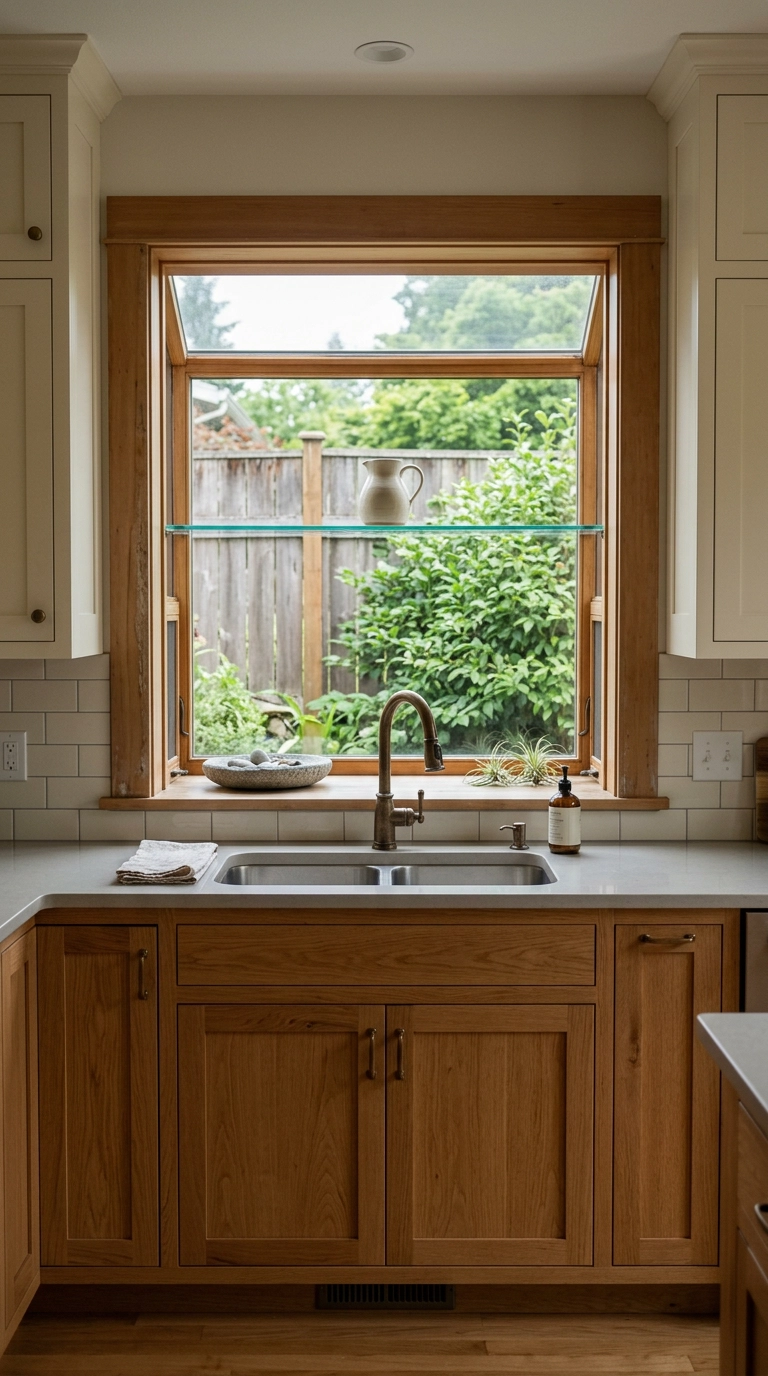 Sparsely styled garden window with one ceramic pitcher, framing a soft green view of a cedar fence outside