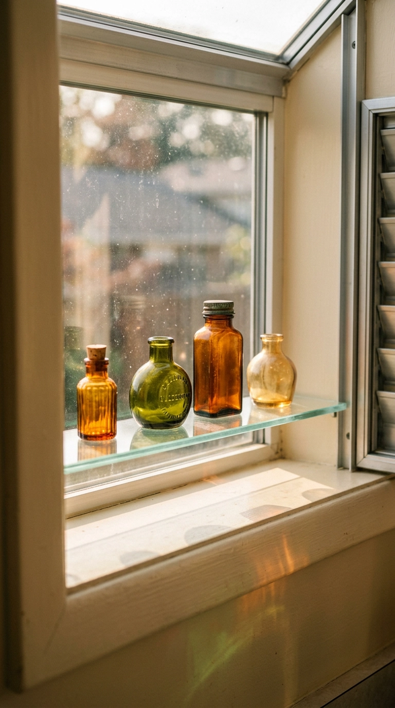 Four amber and olive glass bottles backlit on the top glass shelf of a garden window