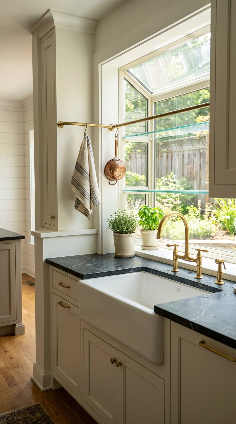 Brass rail mounted across a garden window opening holding a striped towel and copper strainer