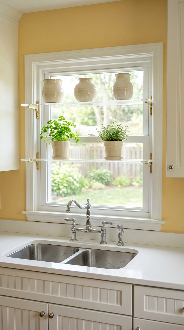Flat kitchen window fitted with two clear acrylic shelves holding ceramics and herbs to mimic a garden window