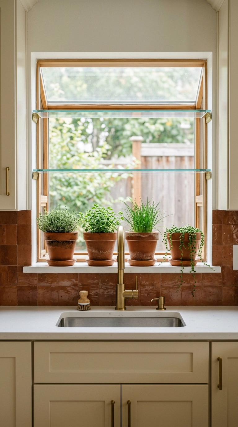 Row of four matching terracotta pots lined along a garden window sill screening the lower glass