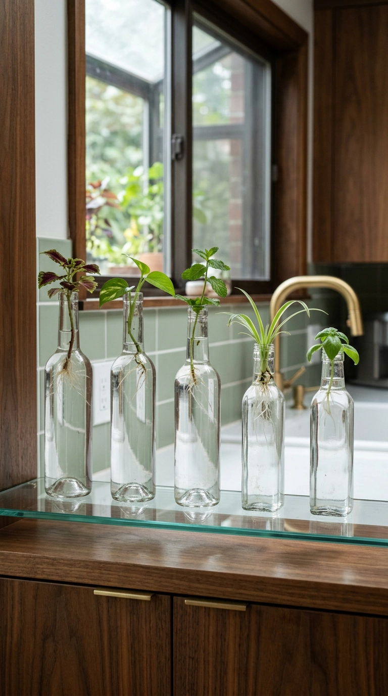 Five clear glass bottles with rooting plant cuttings lined up on a garden window glass shelf