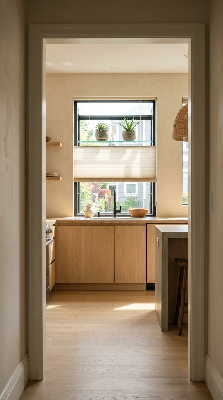 Kitchen garden window fitted with a bottom-up oatmeal cellular shade covering the lower glass