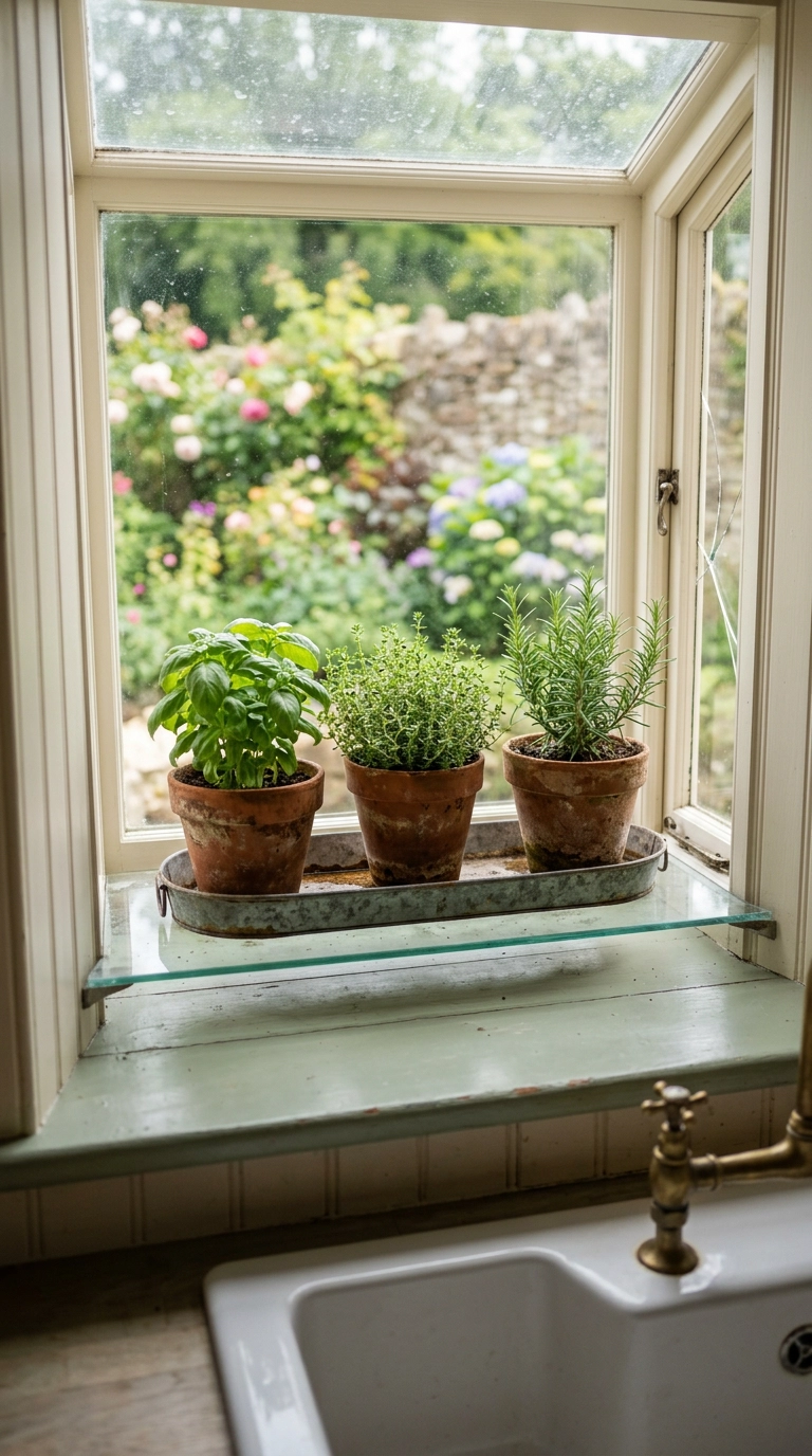 Close-up of three small potted herbs on the lower glass shelf of a garden window with a metal drip tray