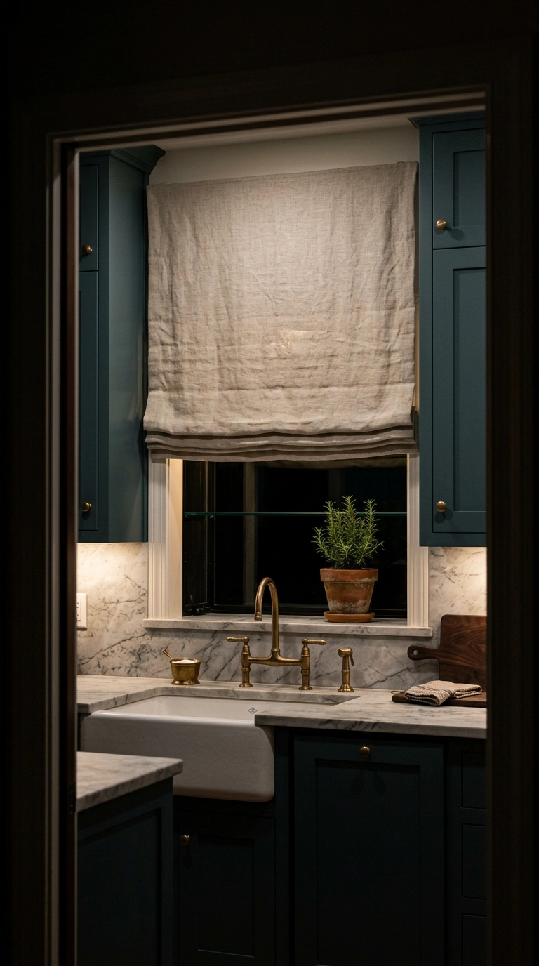 Relaxed oatmeal linen roman shade mounted above a garden window and lowered halfway on a winter evening