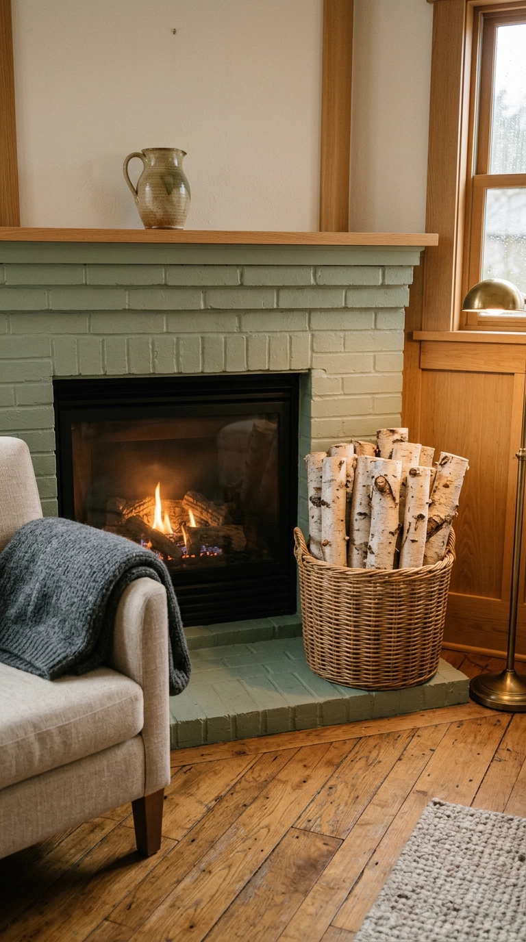 Basket of decorative white birch logs beside a sage green gas fireplace surround