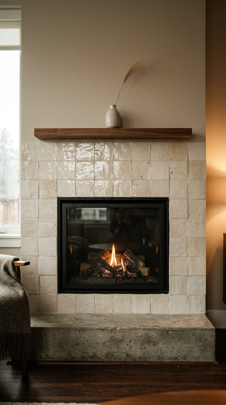 Creamy off-white zellige tile fireplace surround with a slim steel firebox frame