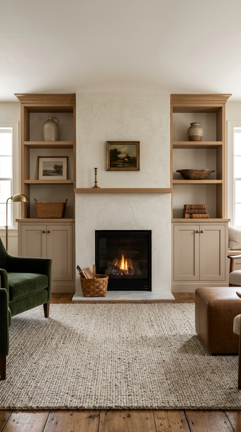Gas fireplace flanked by clay beige built-in cabinets with open oak shelves above