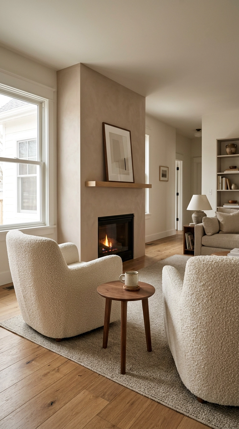 Two boucle armchairs angled toward a plaster gas fireplace with a small side table