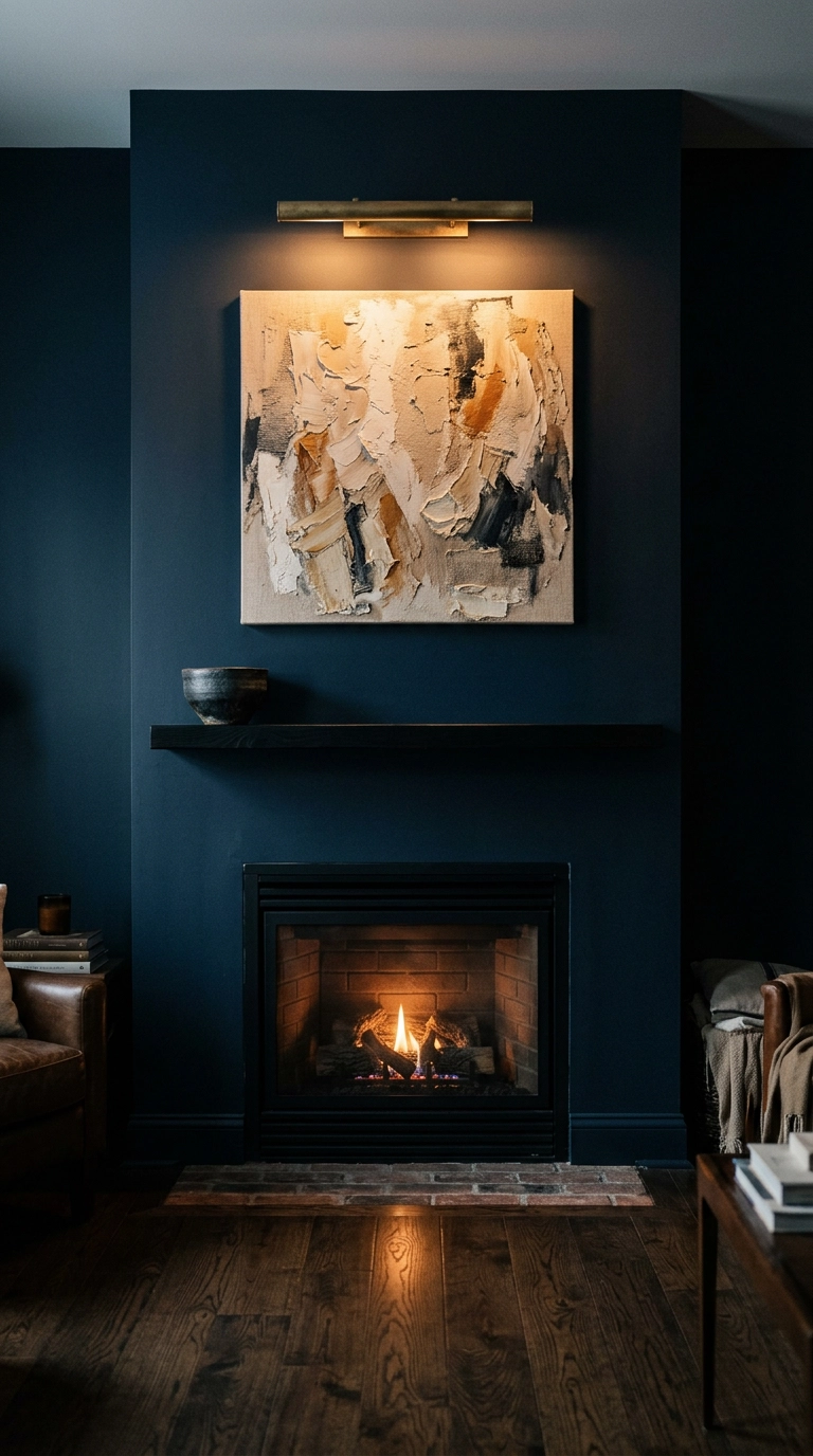 Brass picture light washing warm light over abstract art above a gas fireplace