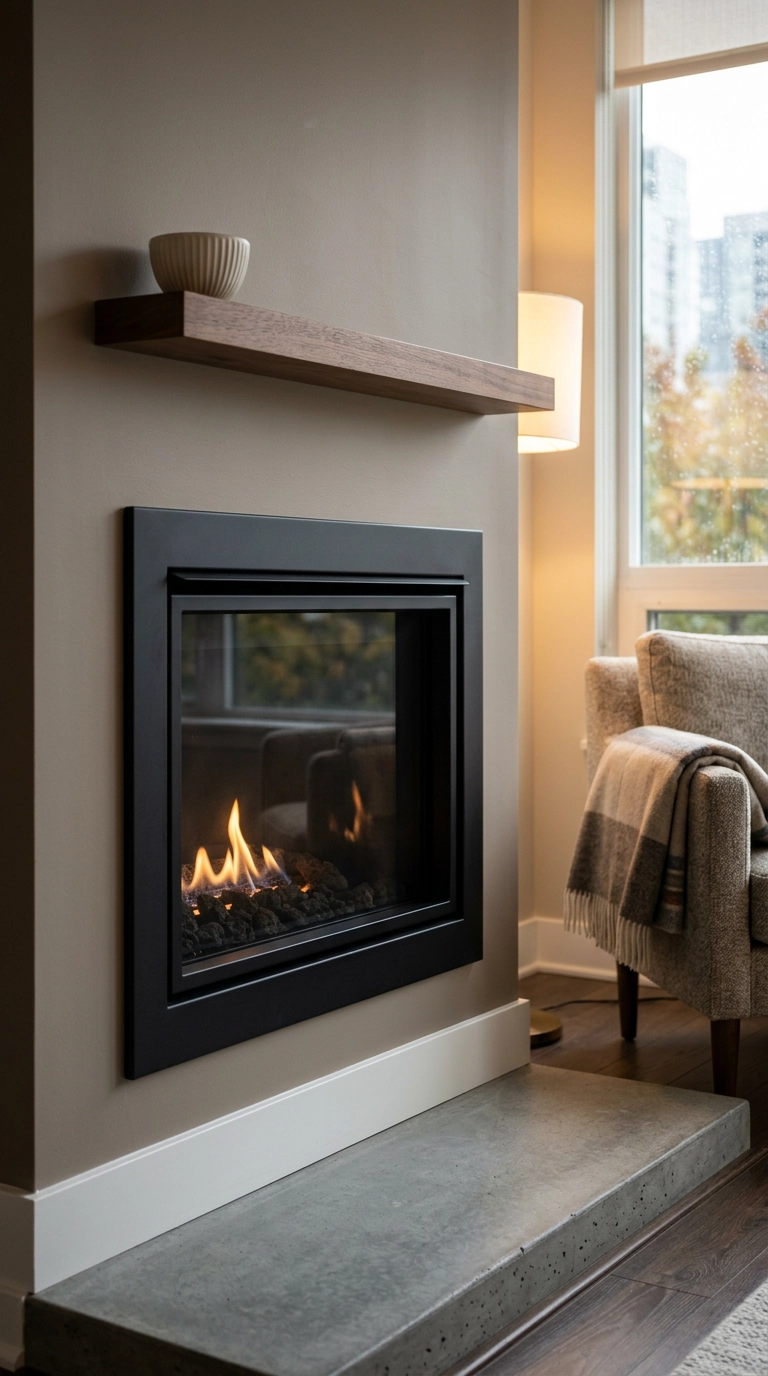 Matte black trim kit framing a gas fireplace glass firebox against taupe walls