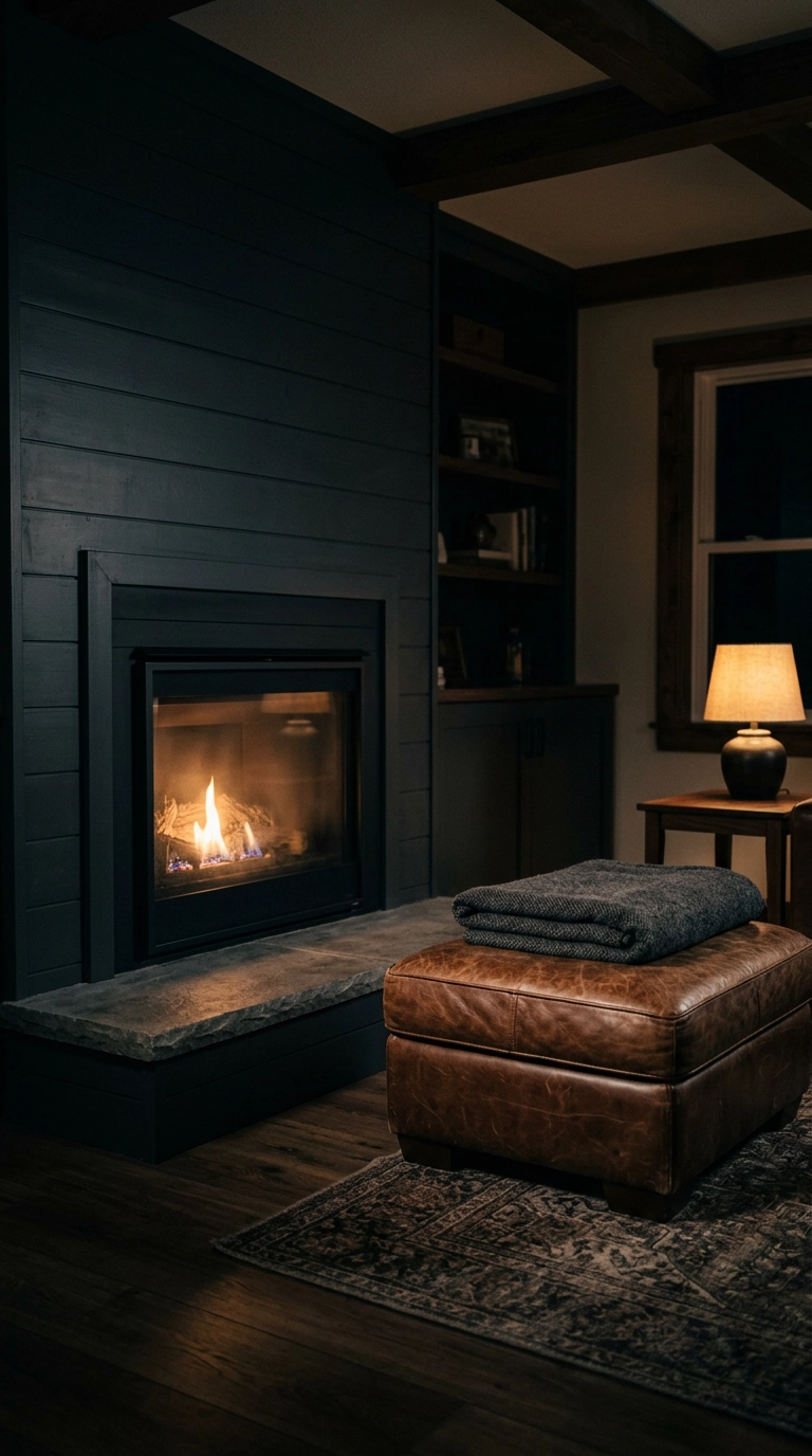 Gas fireplace flame on a low setting lighting a dark charcoal surround at night