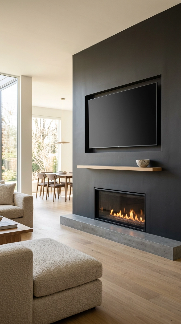 Recessed flat screen TV mounted flush above a gas fireplace on a charcoal wall