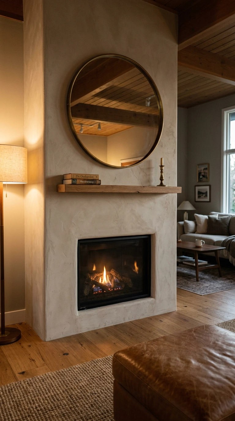 Round brass-framed mirror angled above a gas fireplace mantel in a dim living room