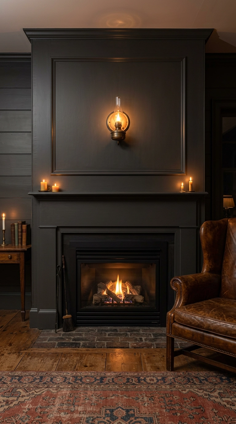 Charcoal picture frame molding above a gas fireplace mantel with a brass sconce