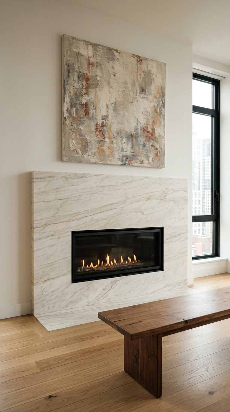 Honed cream marble slab gas fireplace surround with a waterfall edge to the floor
