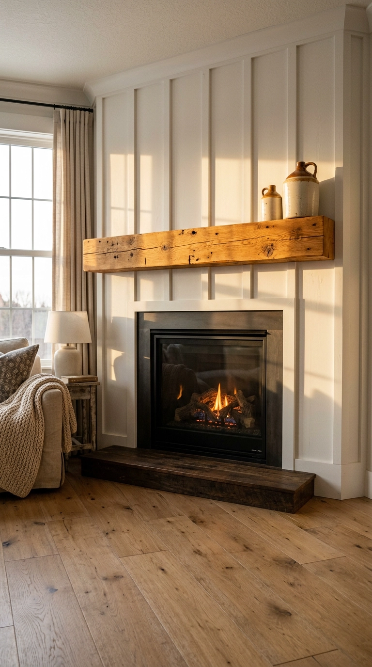 Chunky reclaimed wood mantel beam above a gas fireplace on a board and batten wall