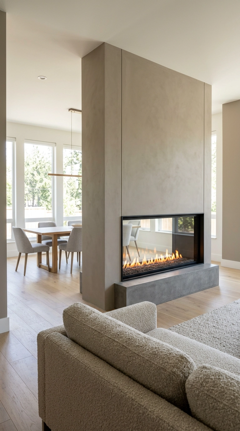 See-through double-sided gas fireplace built into a partition between living and dining areas