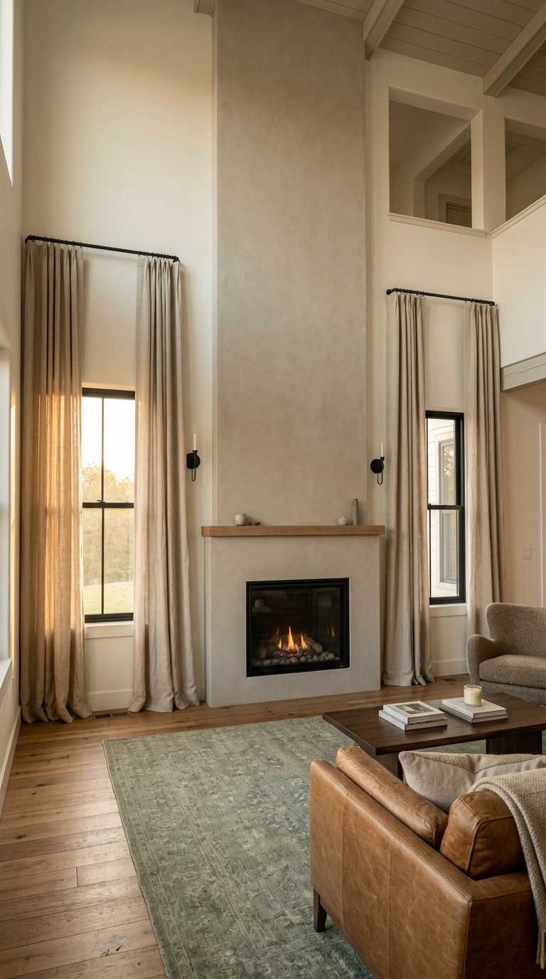 Oatmeal linen curtains hung high beside a plaster gas fireplace in a tall room